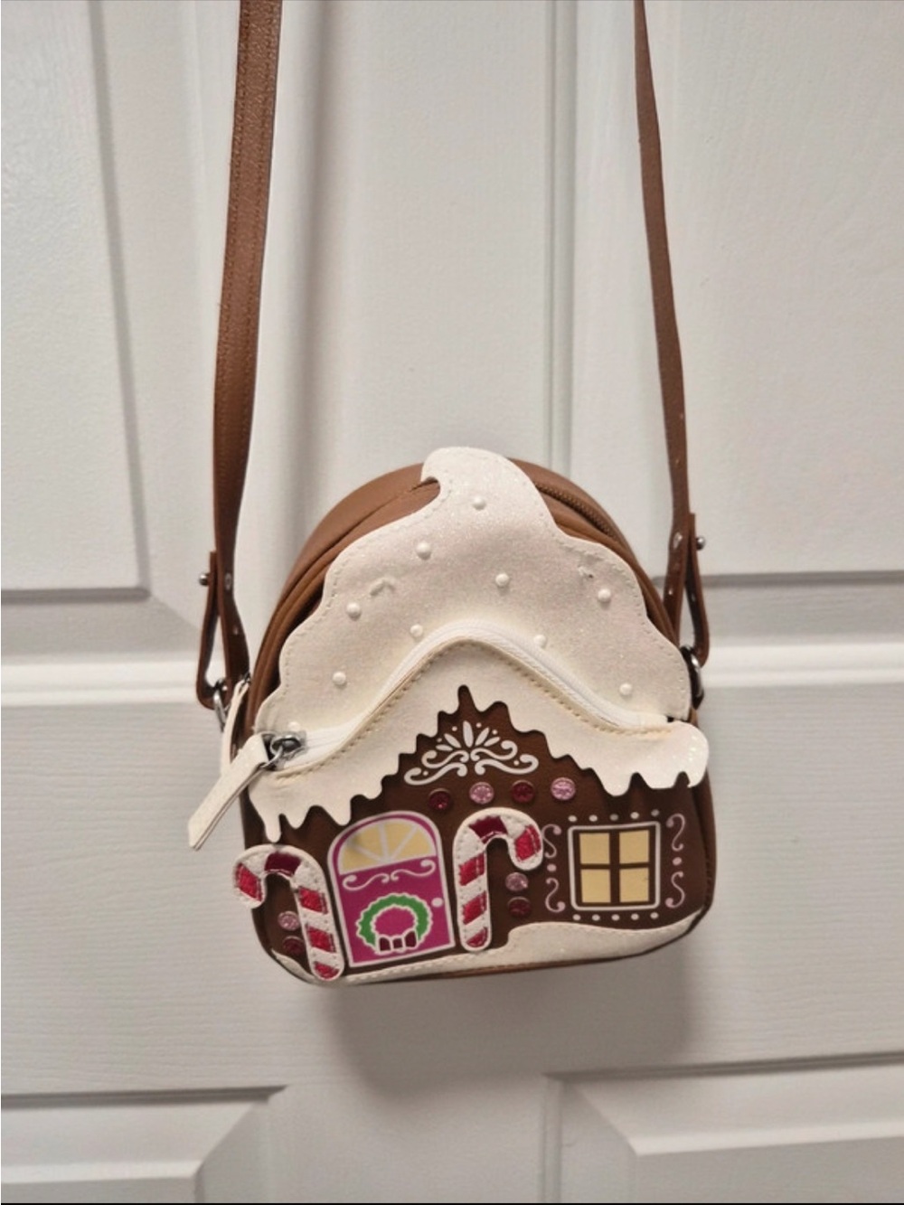 Bath & Body Works Brown and White Gingerbread House Crossbody Bag
